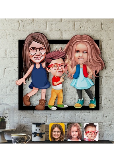 Kişiye Özel 3 Kardeş Karikatürlü 3D Ahşap Tablo-1
