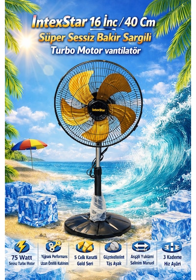 İntexstar 16 İnç 40 Cm Süper Sessiz Bakır Sargılı Turbo Motor İle Yüksek Hava Sürgülasyonu 75watt