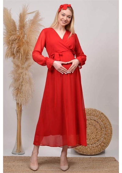 Dip Moda Kadın Beyaz Baby Shower Şifon Hamile Elbise Dphml003 Kırmızı