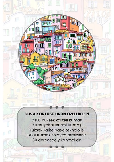 Renkli Evler Desenli Duvar Halısı Duvar Örtüsü Tapestry Süet Dokulu Kumaş