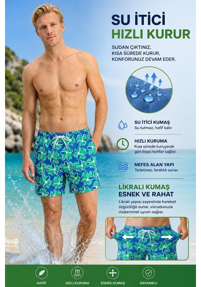 Miami Beach Su İtici Özellikli Dijital Baskılı Likralı Esnek Kumaş Erkek Plaj Deniz Şort Mayo // 281-yeşil