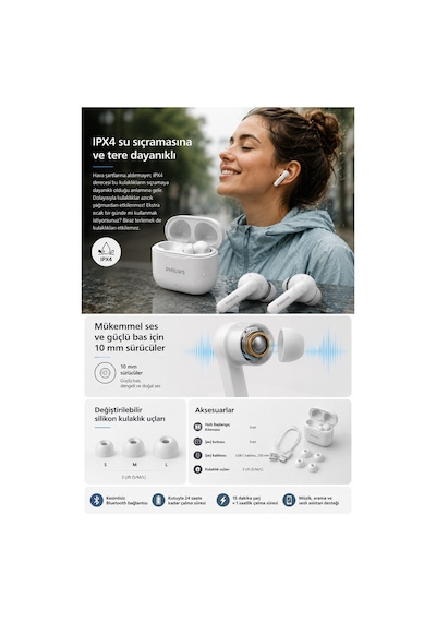 Philips TAT1149WT/00 True Wireless Bluetooth 5.4 Dynamic Bass IPX4 Kulak İçi Kulaklık