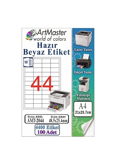 A4 Hazır Beyaz Etiket 48.5x25.4mm 100 Sayfa 1 Paket 44 Lü Yapışkanlı Fotokopi Lazer İnkjet Kağıdı Yazıcılar İçin Uyumlu