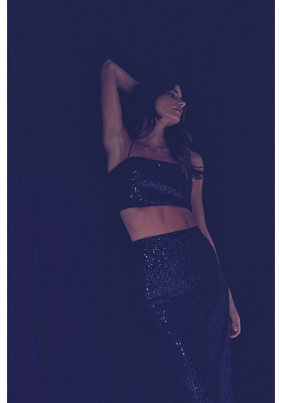 Sateen Askılı Payetli Crop Bluz - Siyah-135405 Siyah