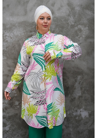 Polologin Butik Renkli Yaprak Desenli Hakim Yaka Tunik Yeşil Pembe Beyaz