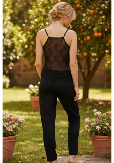 Siyah İnci Sırt Dantel Detaylı İp Askılı Örme Viskon Pijama Takım26120753 Siyah