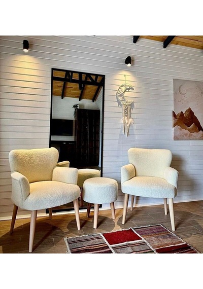 Azra Mobilya Üçlü Koltuk Seti Berjer - Tekli Koltuk - Puf Seti - Cafe - Balkon - Ofis Mobilyası Krem