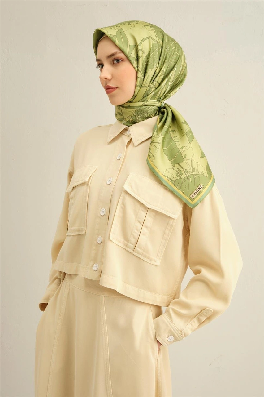 Armine Çiçek Desenli Saf İpek Sura Eşarp 9353d 56 Yeşil