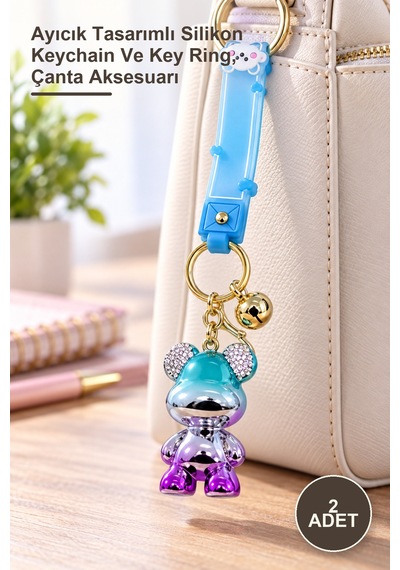2 Adet Taşlı Ayıcık Silikon Anahtarlık Ayıcık Tasarımlı Silikon Keychain Ve Key Ring, Çanta Aksesuarı