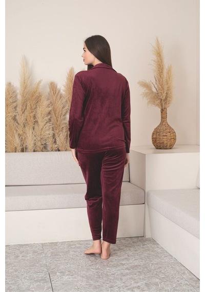 Kırmızı Renk Boydan Düğmeli Kadın Kadife Pijama Takımı Bordo
