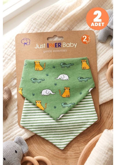 Just Inner Erkek Bebek 2'li Pamuklu Üçgen Fular Önlük Safari ve Çizgili Desenli Çıtçıtlı Çift Katlı 584401 Renkli