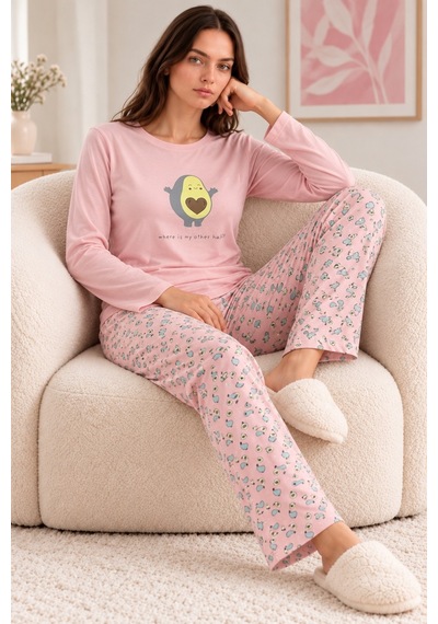 Nisanca Kadın Premium Modal Penye Pijama Takımı %100 Pamuk Soft Yumuşak Dokulu Uzun Kollu Baskılı Desenli Alt Üst 2'li Pembe