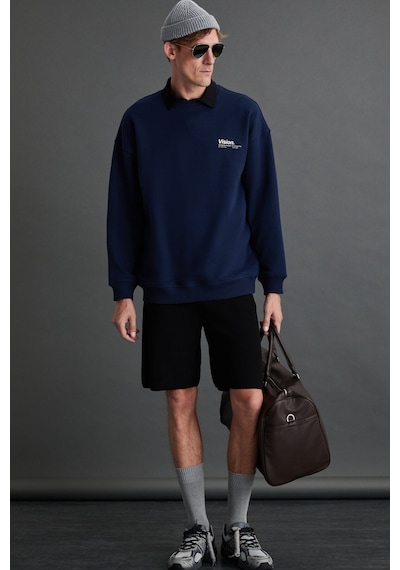 Grimelange Ernest Erkek Yumuşacık Içi Polarlı Baskı Detaylı Organik Pamuk Oversize Lacivert Sweatshirt