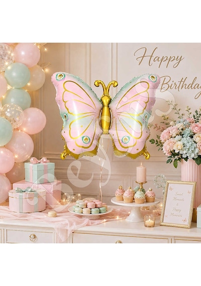 Kelebek Folyo Balon Pembe Yeşil Gold Çok Renkli