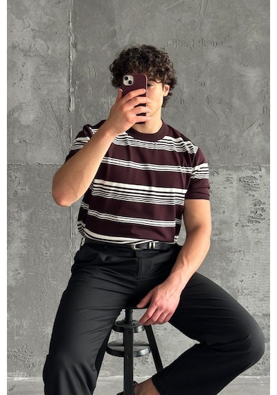 Erkek Bisiklet Yaka Oversize Çizgili Triko T-shirt Bordo