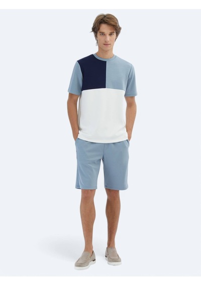 Mavi Düz Bisiklet Yaka T-shirt Mavi