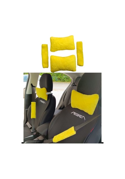 Peluş Ortopedik Araba Seyahat Boyun Yastığı Emniyet Kemer Pedi Seti Sarı Renk