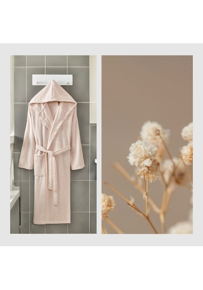 2 Li Kapşonlu Unisex Banyo Bornozu Seti %100 Soft Pamuklu Antasit-bej