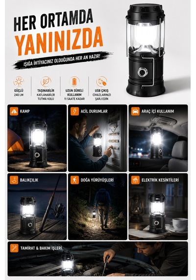 2 Adet Şarjlı Solarlı Kamp Lambası El Feneri Powerbank Özellikli Taşıma Kulplu Siyah 5800t