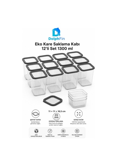 Kare Saklama Kabı 12'li Set 1300 Ml Siyah