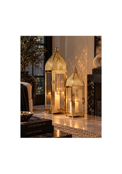 Sleep Nova Gold Metal Camlı Dekoratif Fener 2 Li Set Altın