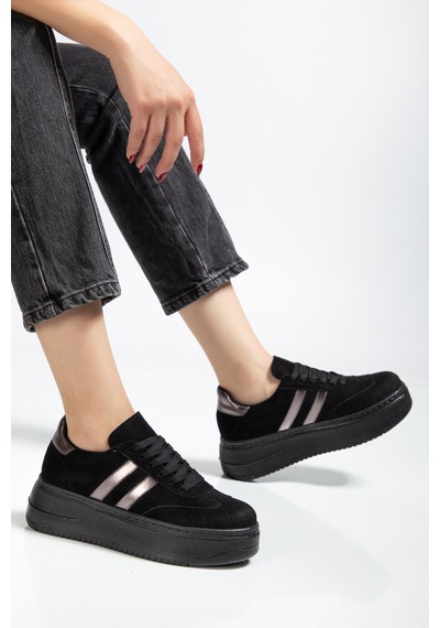 Bahrina Kadın Kalın Tabanlı Sneaker Siyah Süet Platin