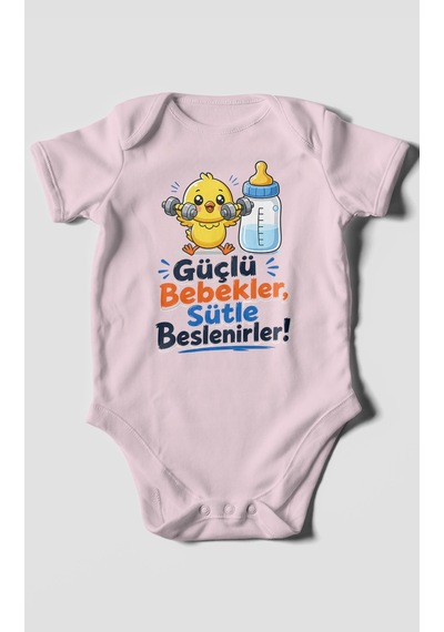 Morivokids Güçlü Bebekler Sütle Beslenir Kısa Kollu Bebek Body %100 Pamuk Bebe Pembe