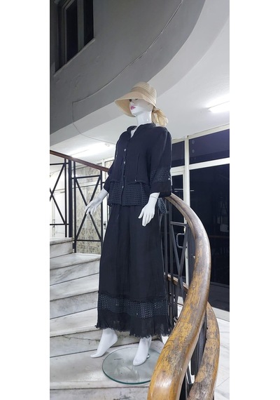 Bohem Stil İtalyan Fisto Detaylı Keten Pantolon Ceket Takım-9196 Antrasit