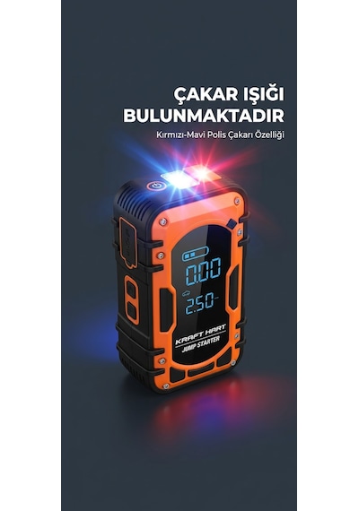Kraft Hart Akü Takviye Cihazı 4'ü 1 Arada Powerbank, Hava Kompresörü, Lcd Ekran, 12.000mah 150psı Akü Takviye Cihazı