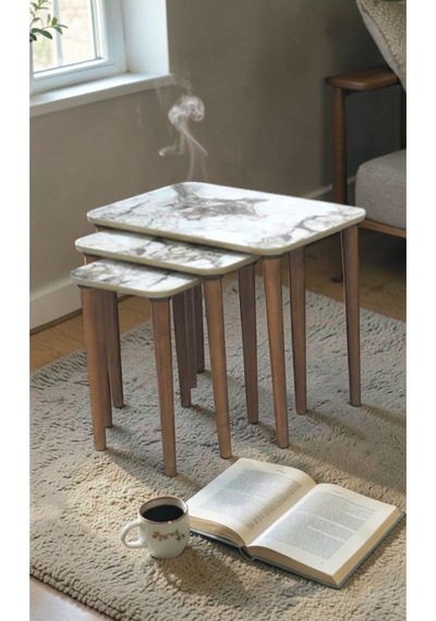 Msy Home Venüs Modern 3 Lü Zigon,orta,yan Sehpa Mdf İç İçe Geçen Pratik Sehpa Seti Beyaz Mermer