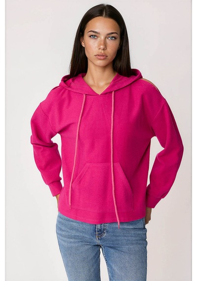 Vitrin Omuz Dekolteli Kanguru Cep Kapüşonlu Sweatshirt Fuşya