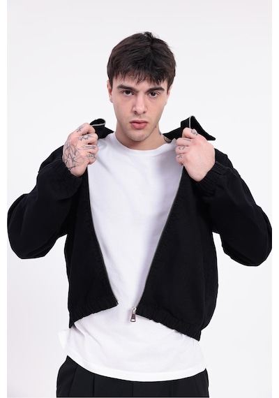 Erkek Gabardin Kumaş Fermuarlı Oversize Beli Lastikli Mevsimlik Ceket-265 Siyah