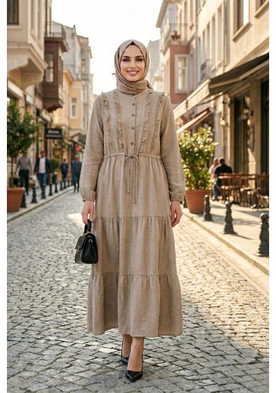 Hb Harma Time Butik Kadın Fırfır Detaylı Düğmeli Keten Turuncu Elbise