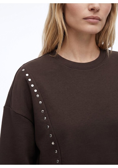 Fabrika Kahverengi Kadın Bisiklet Yaka Oversize Taşlı Sweatshirt F5wl-swt0038 Kahve