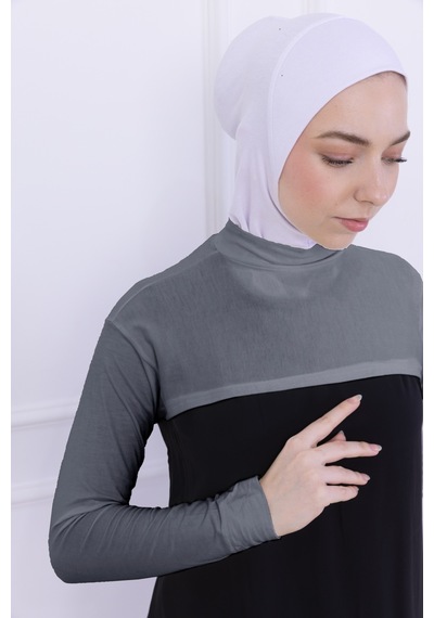 Loggia Balıkçı Yaka Boyunluklu Kolluk Açık Gri - Likralı Dik Yakalı Kadın Body Tesettür Crop Bolero Açık Gri