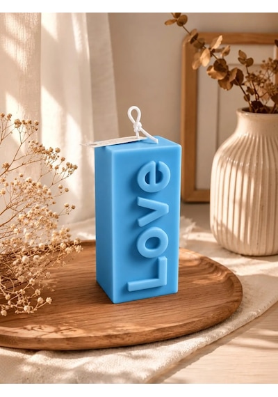 Mumelia Love Yazılı - Doğal Soya Blok Dekoratif Mum - Mavi
