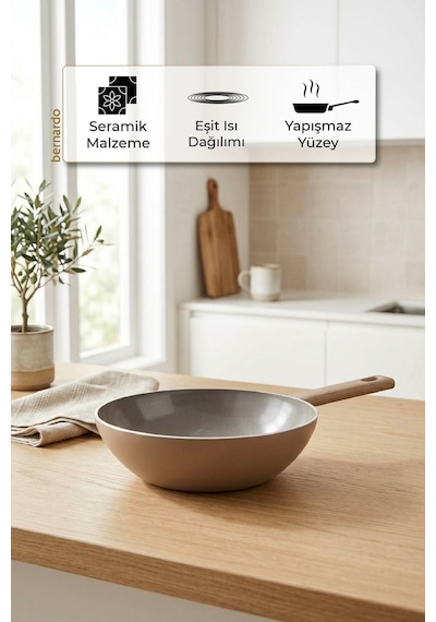 Bernardo Natura Seramik Wok Tava Kahverengi 24cm Bej - Kahverengi