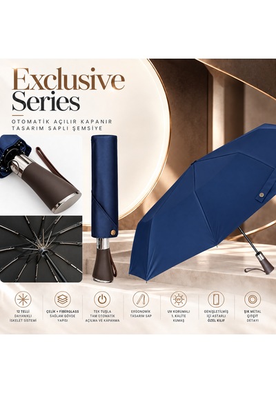 Aventus Exclusive Series - Otomatik Açılır Kapanır Tasarım Saplı Şemsiye Lacivert