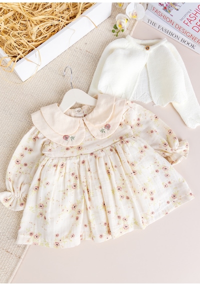 Babymod Bebe Yaka Çiçek Desenli 100% Pamuk Müslin Triko Hırkalı Kız Bebek Elbise Ekru