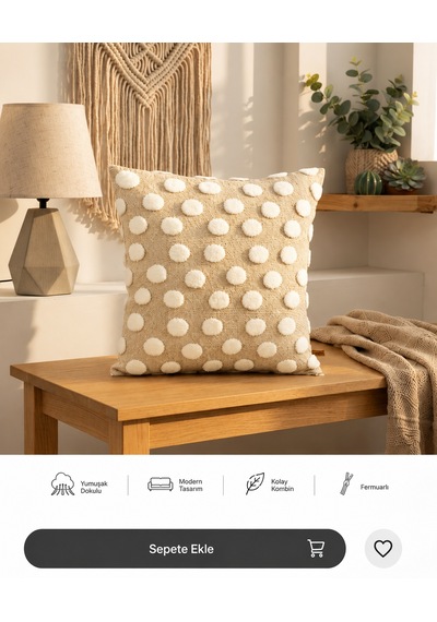 Bubble Punch Dekoratif Kırlent Kılıfı 43x43 Cm Dokulu Ponponlu Bohem Modern Koltuk Yastık Kılıfı Salon Oturma Odası Dekoru Bej