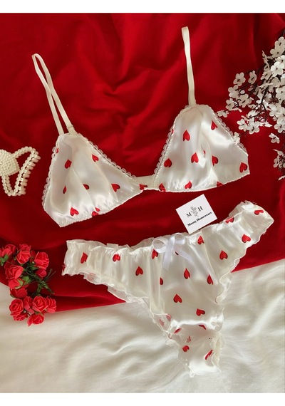 Mh Moony Homewears Babydoll Saten Kırmızı Kalp Bralet Takımı Kırmızı