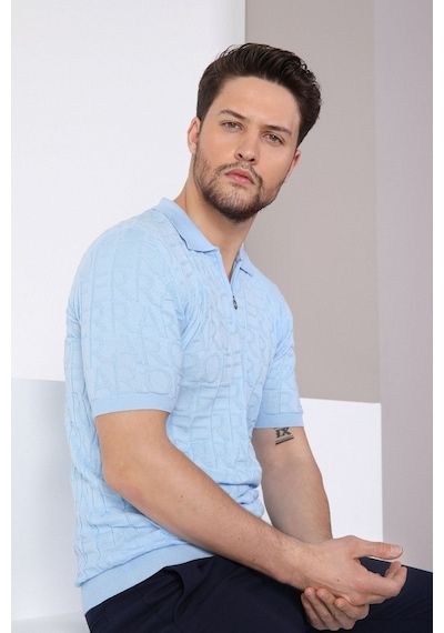 Ferraro Mavi Polo Yaka Fermuarlı Erkek Pamuk Triko T-Shirt-Mavi (417942609) Mavi