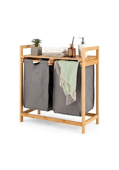 Bambu Ayaklı Çamaşır Sepeti 2 Bölmeli 64 X 33 X 73 Cm - Demonte Bambu