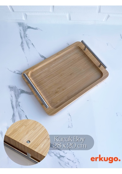 Küçük Boy Bambu Tepsi, Metal Kulplu Tepsi, Kulplu Tepsi, Servis Tepsisi 28 X 20 Cm Kahverengi