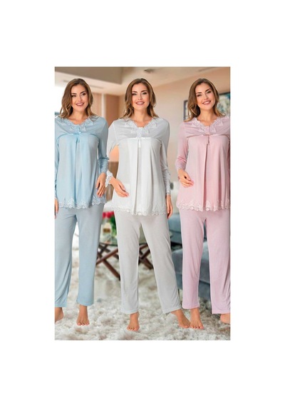 Effort Pijama Effortt 7032 Dantel Detaylı Lohusa Pijama Takımı Mavi