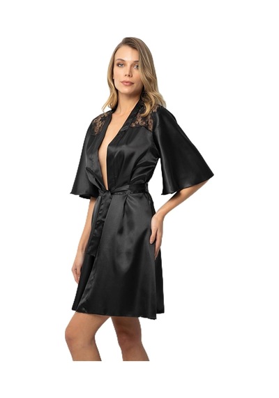 Sırtı Dantelli Saten Sabahlık,90380 Rollback Altın - Siyah