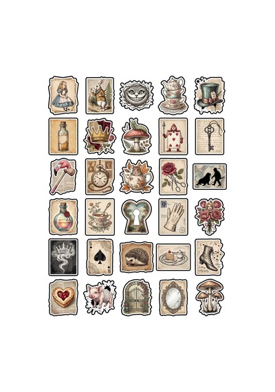 30 Adet Vintage Harikalar Diyarı Sticker Seti - Scrapbook Ajanda Laptop Telefon İçin Çok Renkli