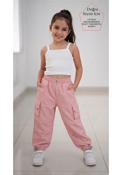 Smalltouch Kız Çocuk Paçası Ve Beli Ayarlanabilir Lastikli Paraşüt Pantolon Pembe