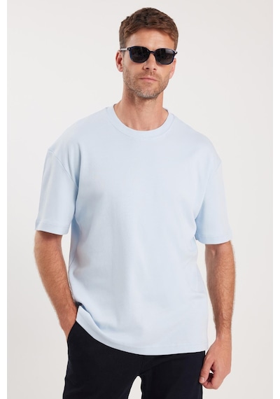 Tudors Unisex Oversize Geniş Kesim %100 Pamuk Yumuşak Dokulu Basic Bisiklet Yaka Mavi Tişört-35184 Mavi