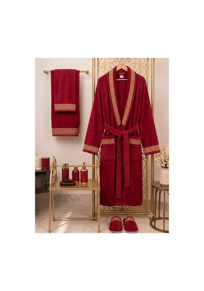 Premium %100 Pamuk Unisex Şalyaka Cepli Bornoz Seti 4 Parça Havlu Terlik Takımı Kırmızı Kırmızı